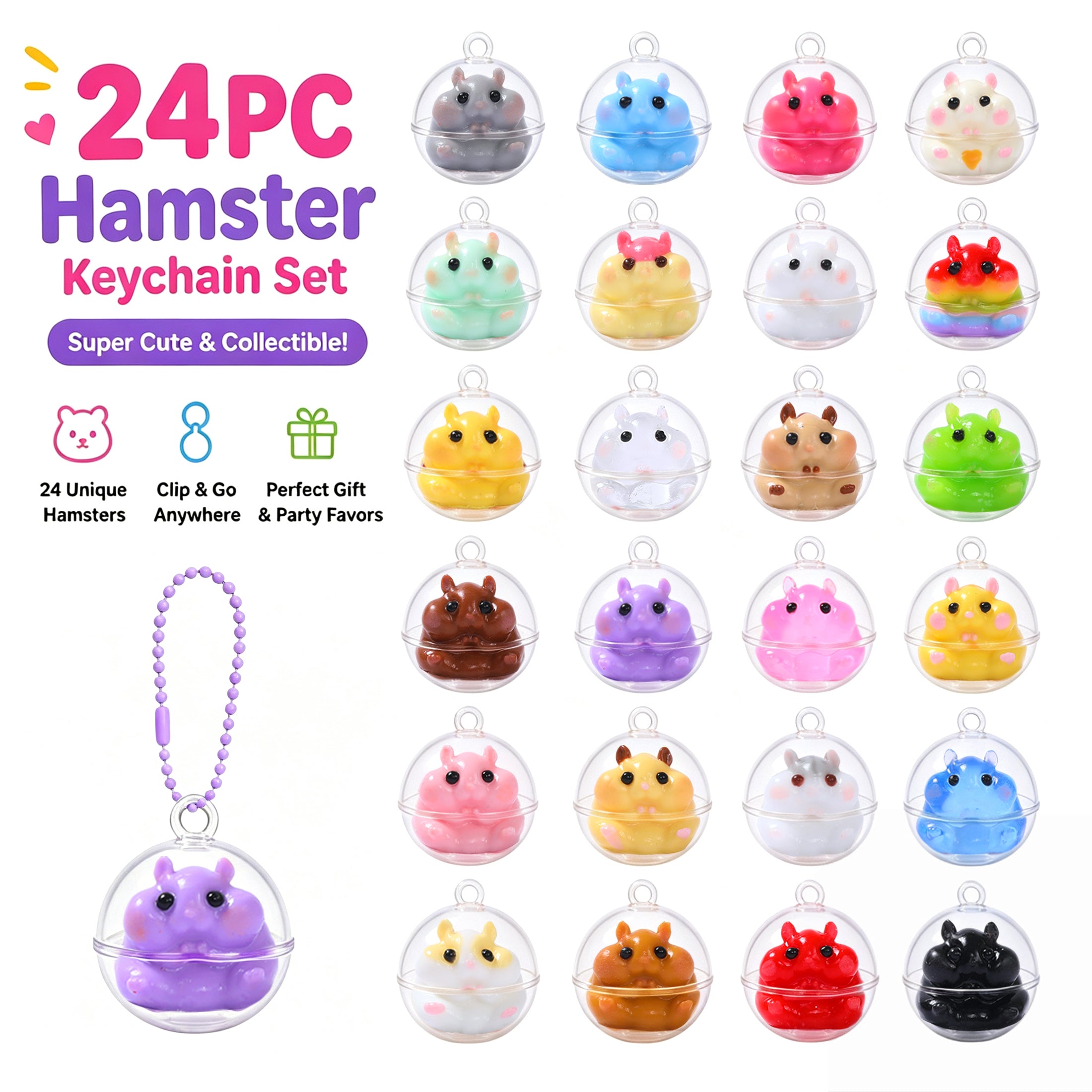 FUFUSQUISHY 24PCS Hamster Squishies Pop Box. Keychain Set. Individually Wrapped Balls.  Classroom Prizes and Party Favors